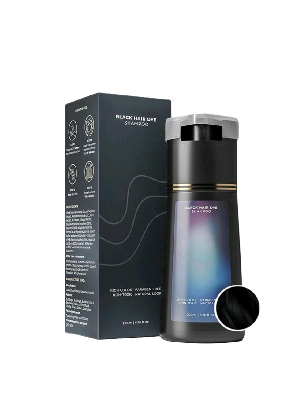 Polar Black Hair Dye Shampoo Rich Dark Color Non-toxic Natural Care 200ml/6.7 oz